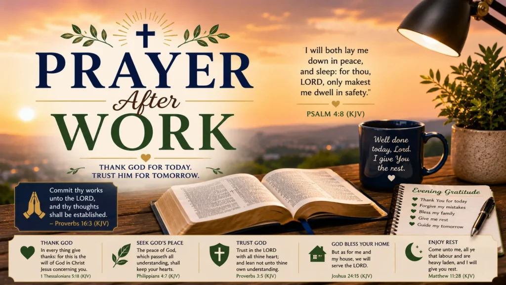 Prayer After Work content image featuring an open Bible, peaceful sunset, coffee mug, prayer journal, and encouraging KJV Bible verses about gratitude, rest, and trusting God.