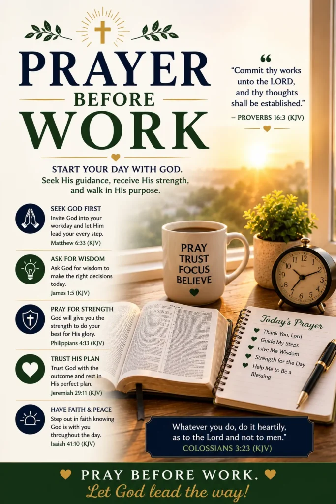 Prayer Before Work Pinterest image featuring an open Bible, sunrise, coffee mug, alarm clock, prayer journal, and inspiring KJV Bible verse about committing your work to the Lord.