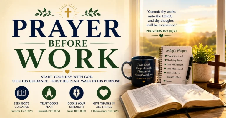 Prayer Before Work featured image with an open Bible, morning sunlight, coffee mug, prayer journal, wooden cross, and inspiring KJV Bible verse about trusting God before work.
