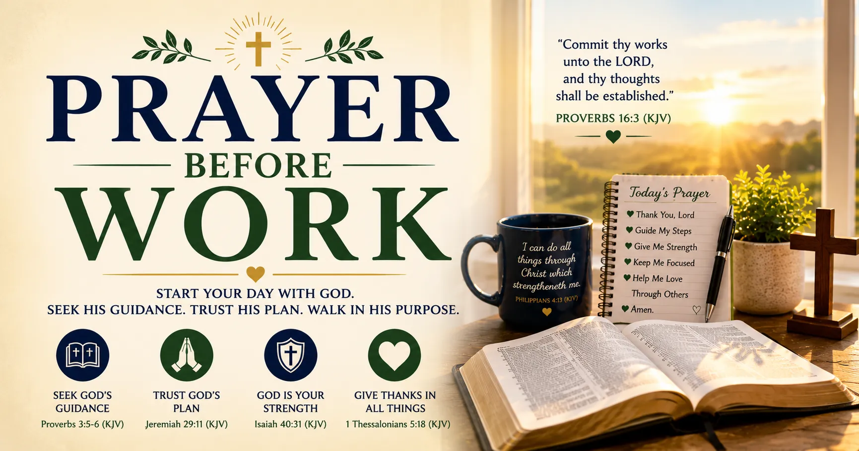 Prayer Before Work featured image with an open Bible, morning sunlight, coffee mug, prayer journal, wooden cross, and inspiring KJV Bible verse about trusting God before work.