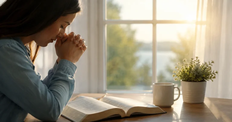 Christian prayer for anxiety with open Bible and peaceful morning light