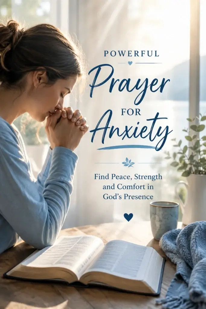 Christian prayer for anxiety with open Bible, person praying, and peaceful morning sunlight