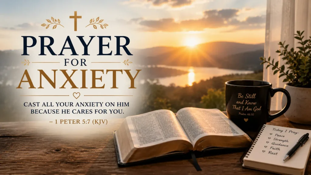 Prayer for Anxiety content image featuring an open Bible, peaceful sunrise, prayer journal, and coffee mug with the KJV Bible verse from 1 Peter 5:7.