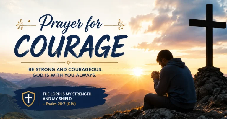 Pray for Strength Someone praying next to a cross with a sunrise featuring the words "Prayer for Courage", informing about God's strength and courage.