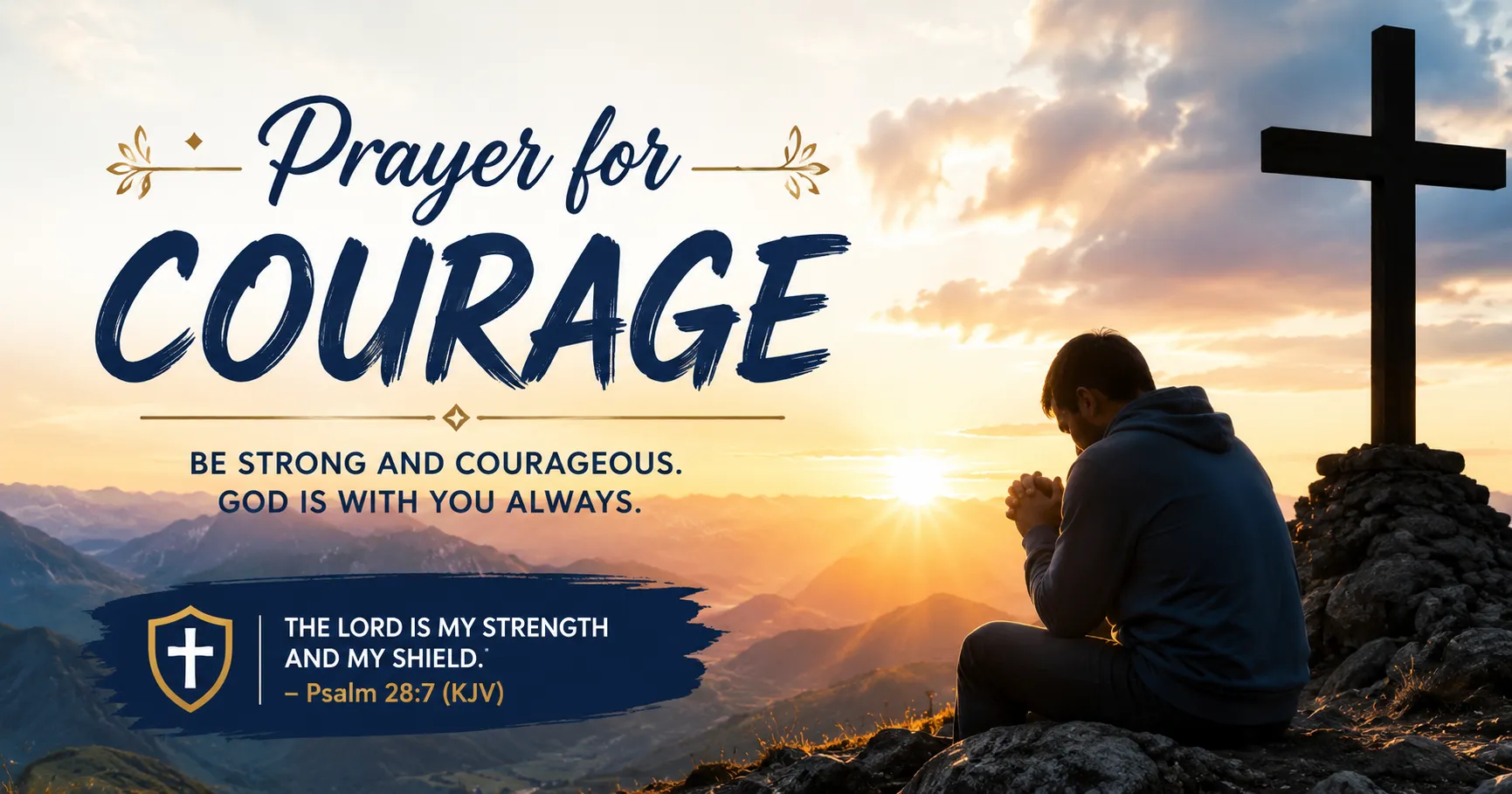 Pray for Strength Someone praying next to a cross with a sunrise featuring the words "Prayer for Courage", informing about God's strength and courage.