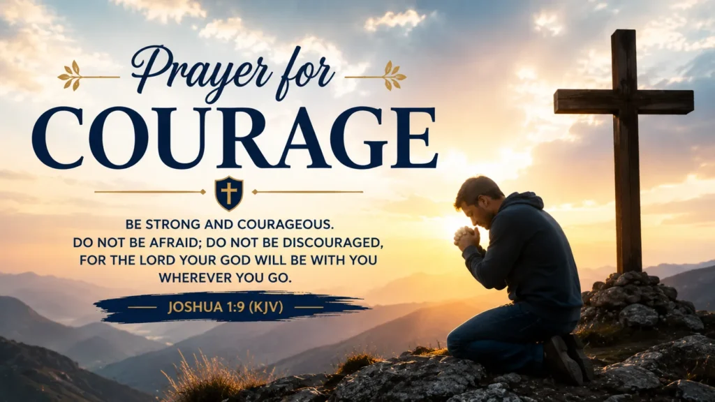 A Christian author's image with a Christian person at prayer next to a cross at dawn, titled Prayer For Courage and a prayer about finding God's strength and courage.