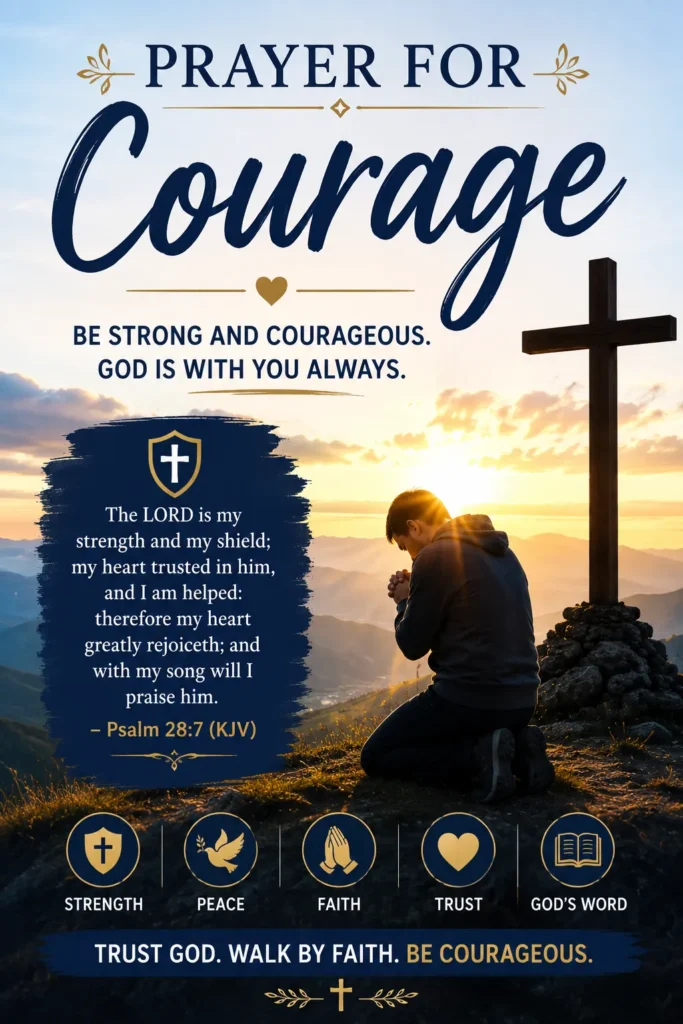 Vertical Pinterest image of Christian prayer at sunrise by a cross with the heading Prayer for Courage and the Bible passage: My heart trusting in thee, O Lord: I will sing praise unto thee. For thou hast become my strength (Psalm 28:7, KJV).