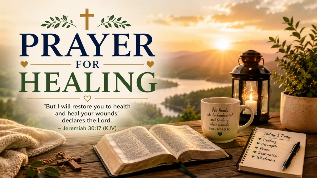 Prayer for Healing content image featuring an open Bible, peaceful sunrise, lantern, prayer journal, coffee mug, and the KJV Bible verse from Jeremiah 30:17.