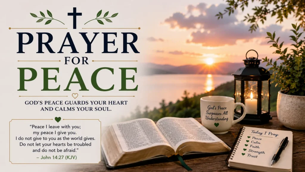 Prayer for Peace content image featuring an open Bible, peaceful sunset, glowing lantern, prayer journal, coffee mug, and the KJV Bible verse from John 14:27.