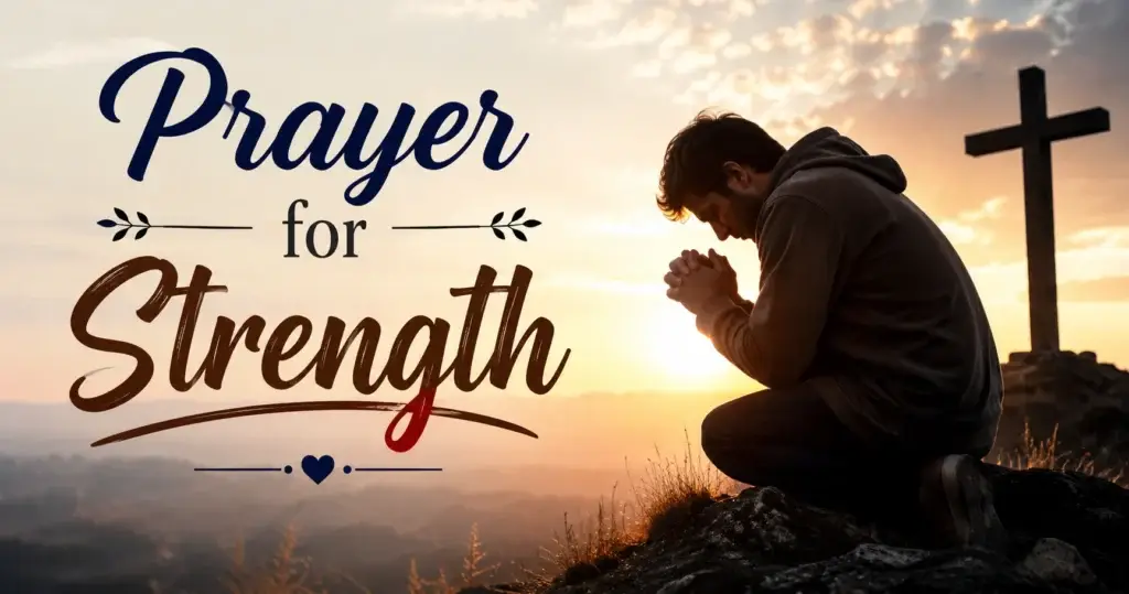 A person kneeling in prayer beside a cross at sunrise, symbolizing faith, hope, and strength through God's presence.