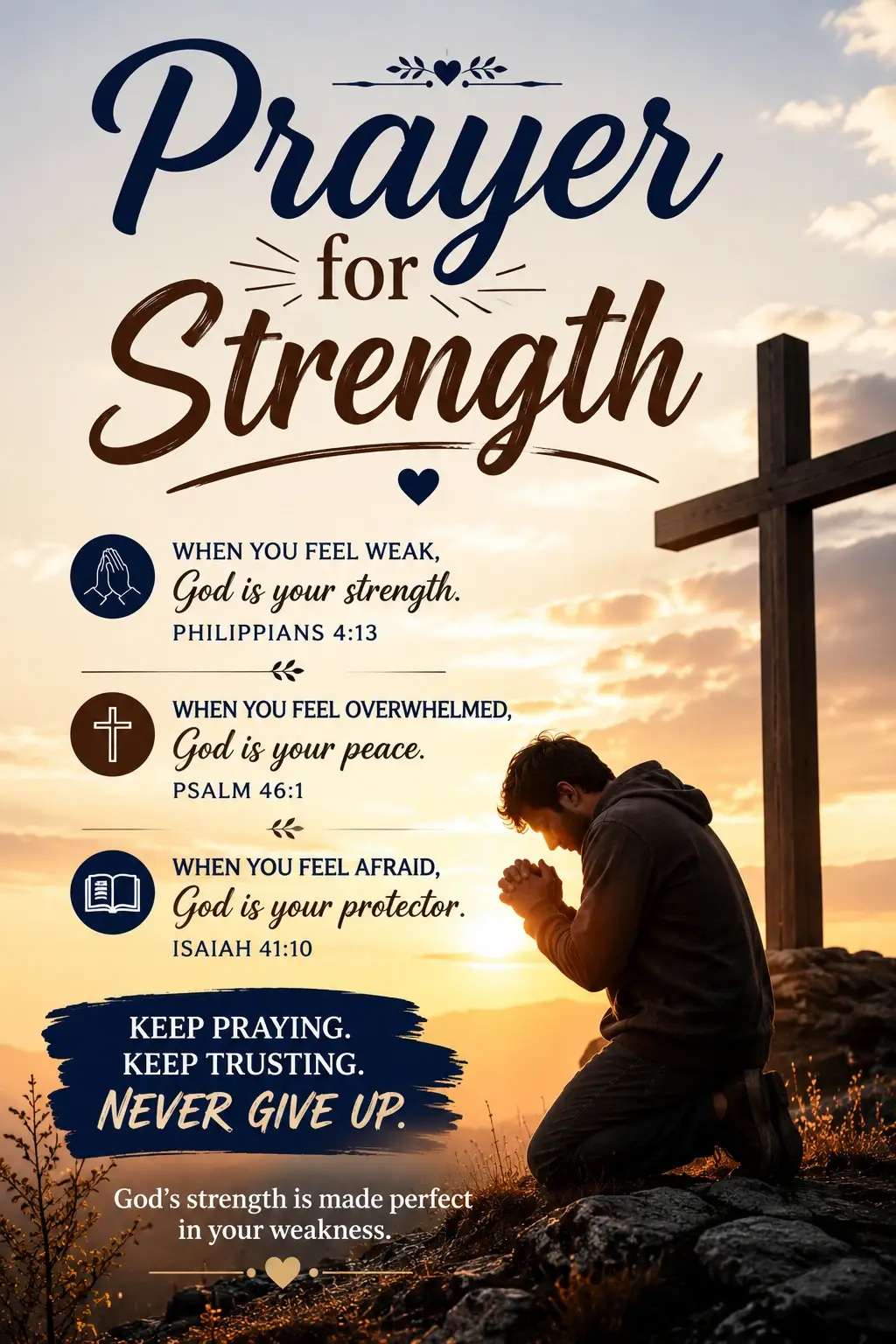 A believer kneeling in prayer beside a cross at sunrise with inspiring Bible verses about strength, faith, and trusting God during difficult times.