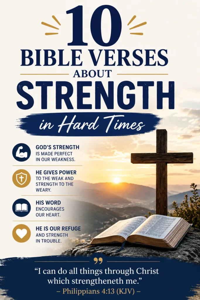 Pinterest image for 10 Bible Verses About Strength in Hard Times (KJV) featuring an open Bible, wooden cross, sunrise, and encouraging Scripture.
