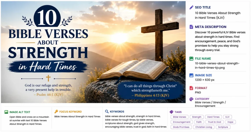 10 Bible Verses About Strength in Hard Times (KJV) with an open Bible, wooden cross, and sunrise over mountains.