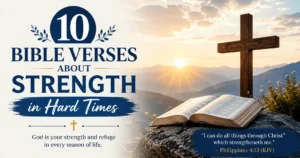 10 Bible Verses About Strength in Hard Times (KJV) with an open Bible, wooden cross, and sunrise over mountains.