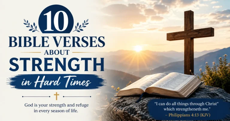 10 Bible Verses About Strength in Hard Times (KJV) with an open Bible, wooden cross, and sunrise over mountains.