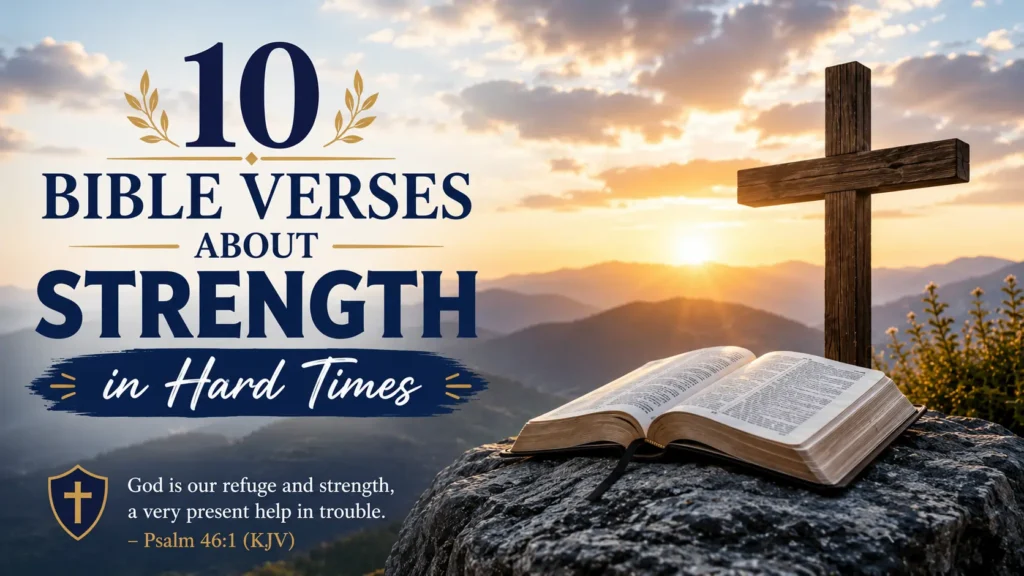 10 Bible Verses About Strength in Hard Times (KJV) with an open Bible, wooden cross, and sunrise over mountains.