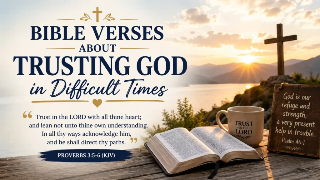Bible Verses About Trusting God in Difficult Times (KJV) featuring an open Bible, wooden cross, and sunrise representing God's faithfulness and hope.