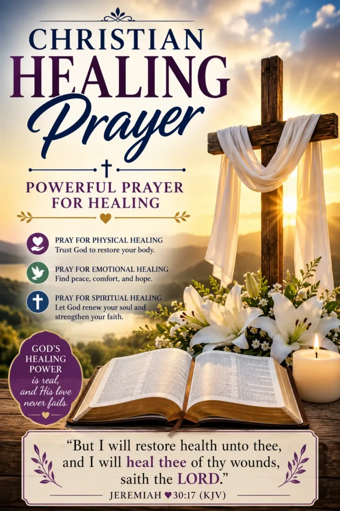 Christian Healing Prayer Pinterest image of a wooden cross, Holy Bible (open), white lilies, candle, sunrise, and a Bible prayer for healing and restoration through the Word of God with Jeremiah 30:17 (KJV).