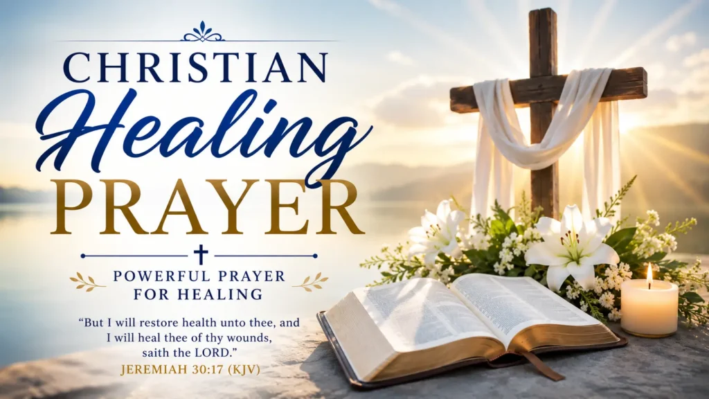 Photo for Christian Healing Prayer includes a cross, open Holy Bible, praying hands, white lilies and a sunrise representing God’s healing and hope.