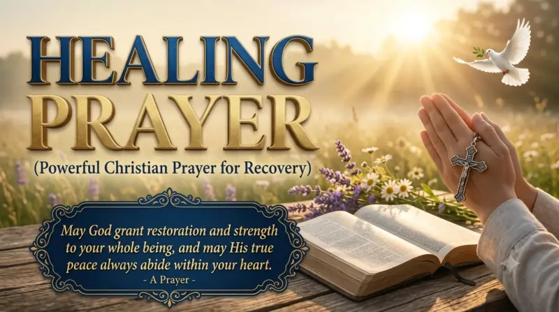 Healing Prayer cover image with a wooden cross, an open Holy Bible, hands in prayer pose, gentle sunshine light, white lilies, and Christian background conveying God's healing power.
