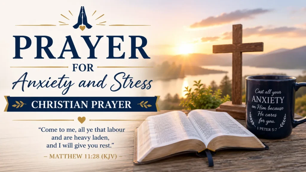 A prayer for anxiety and stress (Christian prayer) with an open bible, wooden cross, peaceful, beautiful sunrise, and calming Christian prayer background.