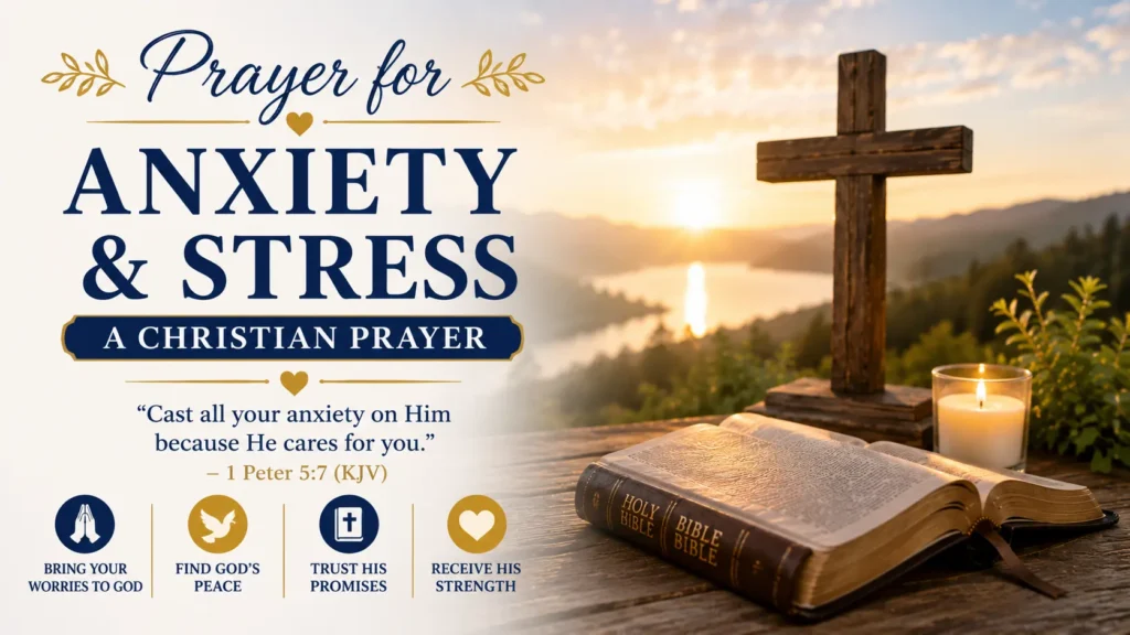 Prayers for anxiety and stress (Christian Prayer) with an open Bible, wooden cross, beautiful sunrise and a Christian relaxing background.