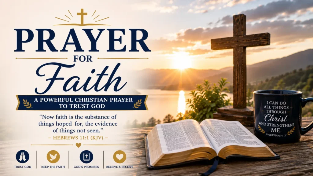 Prayer for Faith - A Powerful Christian Prayer to Trust God - includes an open Bible, wooden cross, quiet sunrise, and faith inspired christian background.
