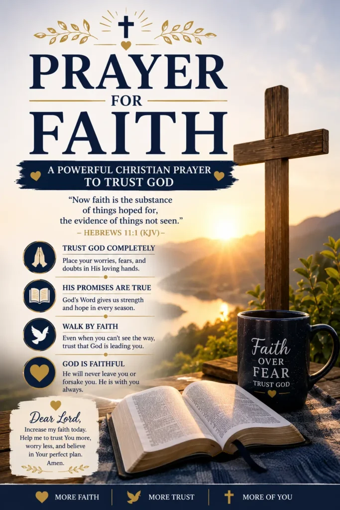 Prayer for Faith (Powerful Christian Prayer to Trust God) on Open Bible with Wooden Cross, Sun Rises, Peaceful Christian Background.