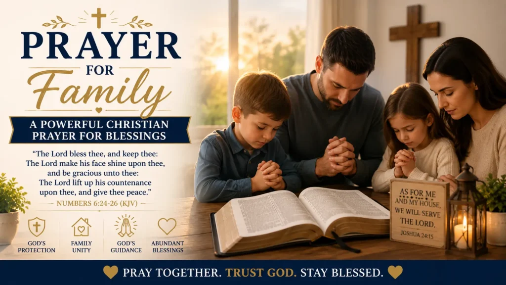 Prayer for Family (Powerful Christian Prayer for Blessings) Closed Bible, Wooden Cross, Family in Prayer, Calm Sunrise Represents Love and Protection of the Lord.