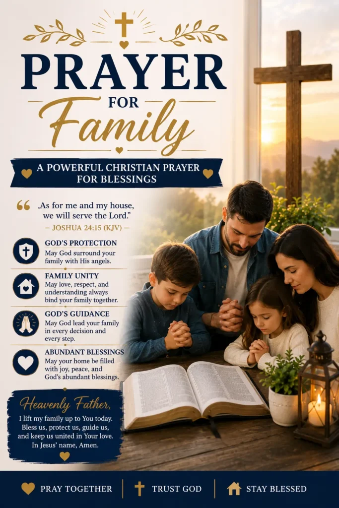Christian Prayer for My Family (Bible, cross, praying family, sunrise- God's love and protection). Christian Prayer for My Family Powerful Christian Prayer for Blessings.