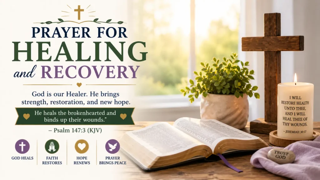 Prayer for healing and recovery Prayer of healing and restoration (Christian) with open Bible, wood cross, candle & peaceful sunrise, representing God’s help, hope and restoration.