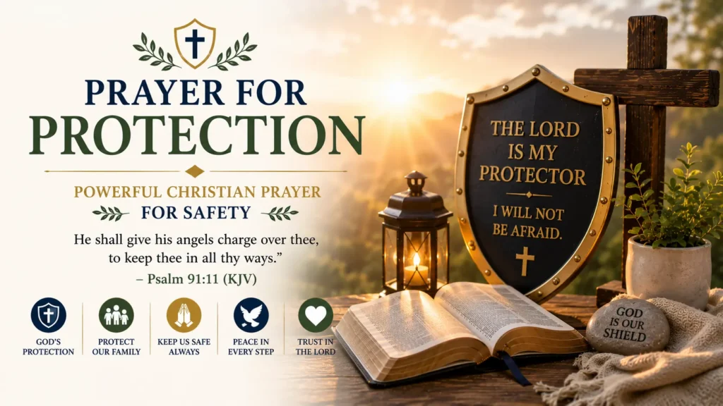 Powerful Christian Prayer for Protection in the Name of Jesus with a Bible open, a wooden Cross, a shield of protection, a lantern with a glow, and a golden sunrise representing peace and God's protection.