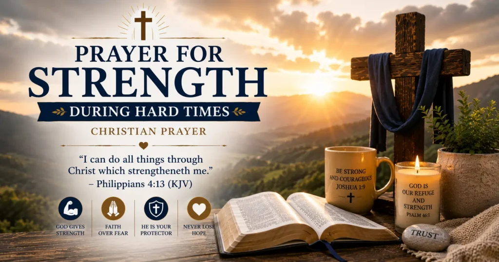Christian Prayer For Strength During Hard Times- Bible, Wooden cross, sunrise, coffee cup. Peace Christian background- God's strength.