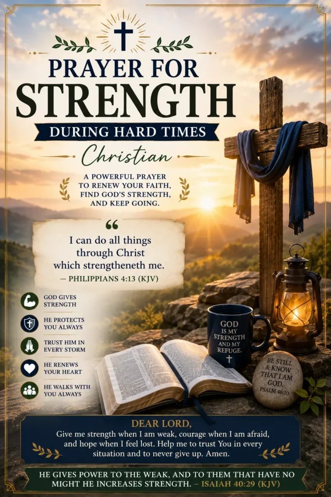 Christian Prayer for Strength in Difficult Times with Bible, cross, sunrise, mug, and peace with Christian imagery in the background to indicate God's strength.