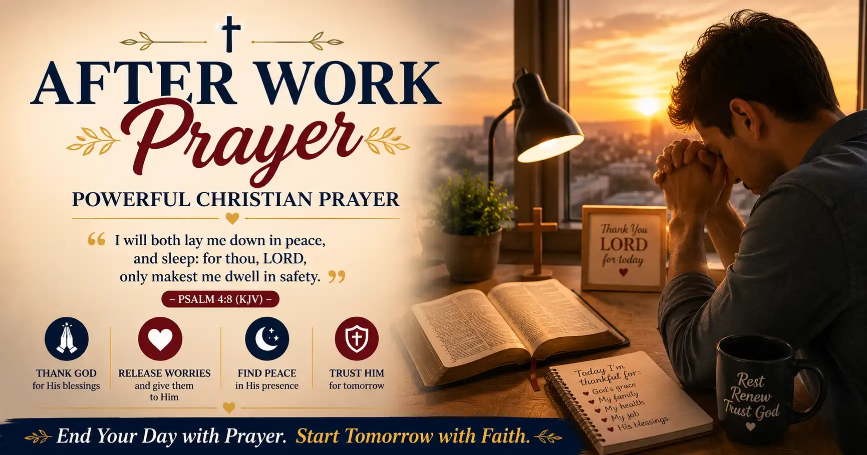 After Work Prayer – powerful Christian prayer for peace, rest, gratitude, and strength after a long day at work.