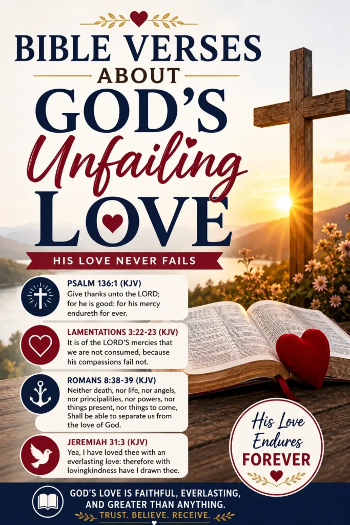 Bible Verses About God's Unfailing Love KJV Pinterest image featuring a wooden cross, open Holy Bible, sunrise, and encouraging Scriptures about God's everlasting love.