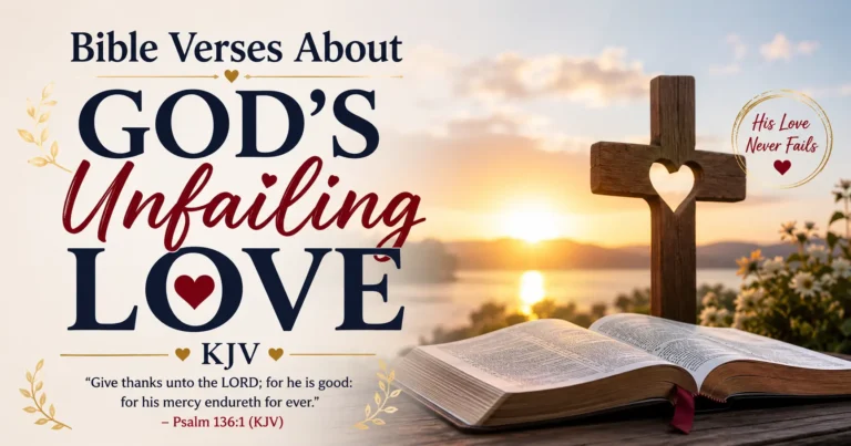 KJV bible verses about god's unwavering love featuring a bible, a cross, sunrise, and Scripture verses about God’s endless love.