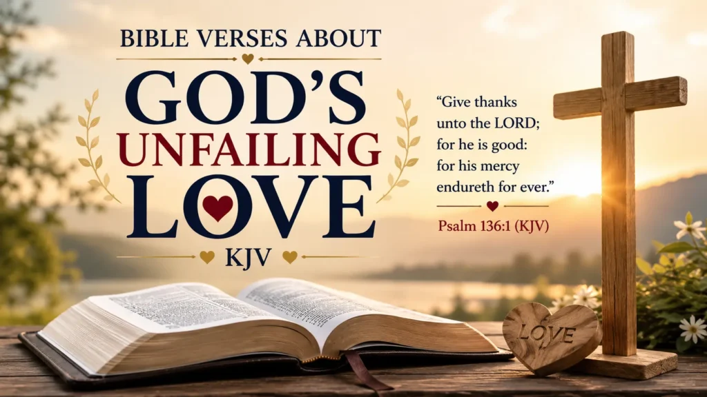 Bible Verses About God's Unfailing Love KJV-The Bible's open with a wooden cross, sunrise, and Scripture that focuses on the unfailing love of God.