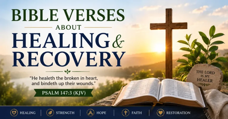Bible verses about healing and recovery – Photo with an open bible, wooden cross, and beautiful sunrise, with the scripture Psalm 147: 3 king james bible to provide comfort and peace to those who need it.