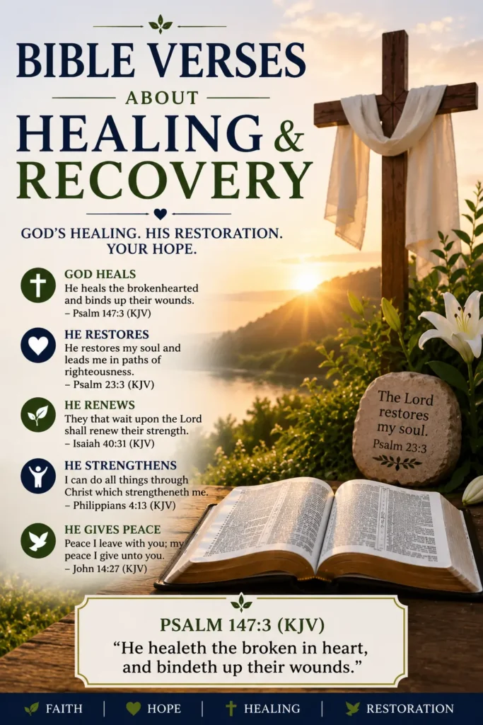 Image from Pinterest of Bible Verses About Healing and Recovery showing an open Bible, wooden cross, sun rising, and Psalm 147:3 (KJV), conveying God's healing, strengthens, peace, and rest.