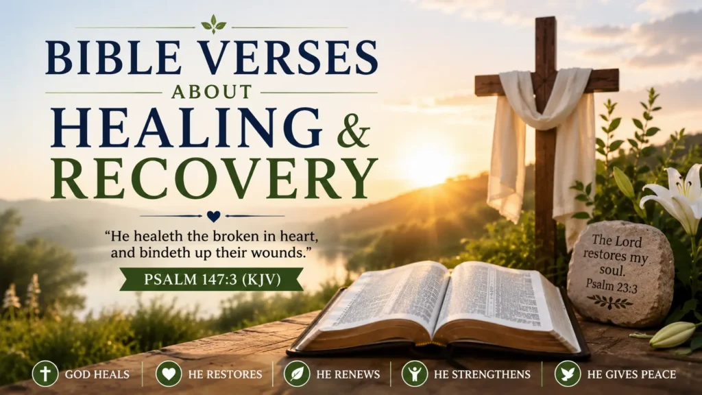 Bible Verses About Healing and Recovery including an open Bible, wood cross peaceful sunrise and Psalm 147:3 (KJV); guide to healing, comfort and restoration.