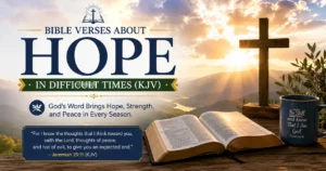 Bible Verses about Hope in Tough Times (KJV) cover image - open book with a wooden cross, sunrise and hope-filled words about God's enduring hope and promises for his children.