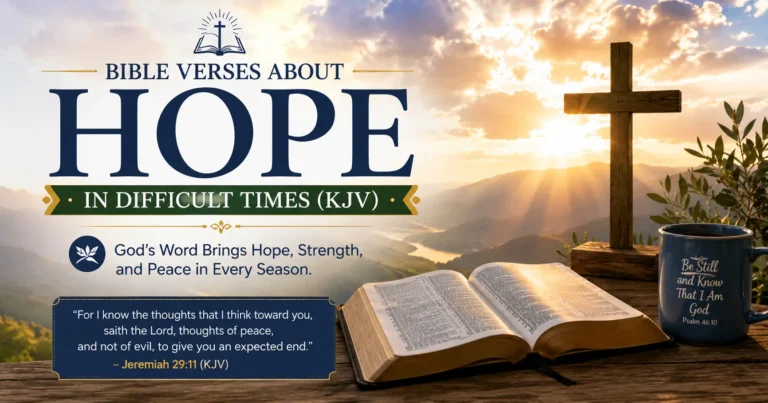 Bible Verses about Hope in Tough Times (KJV) cover image - open book with a wooden cross, sunrise and hope-filled words about God's enduring hope and promises for his children.