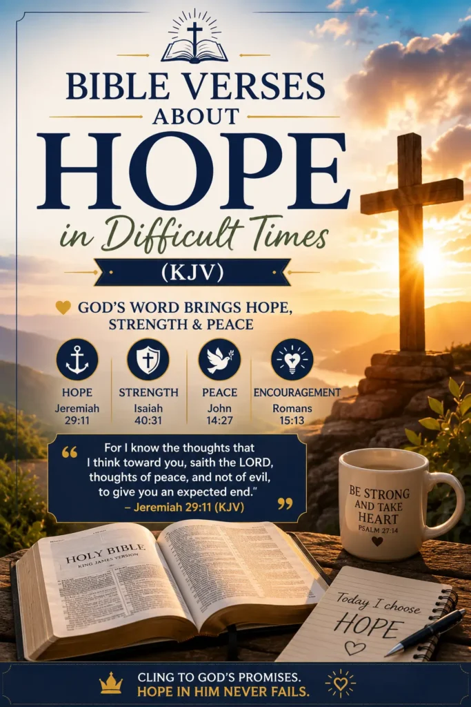 Bible Verses about Hope in Times of Trouble - KJV Pinterest. Open bible, wooden cross, sunrise, encouraging Scriptures about hope and promises of God.