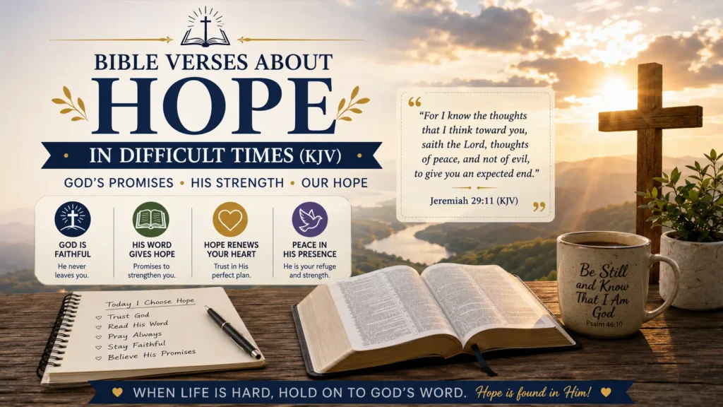 Featured image with an open Bible, wooden cross, sunrise, and KJV bible verses about hope during hard times.