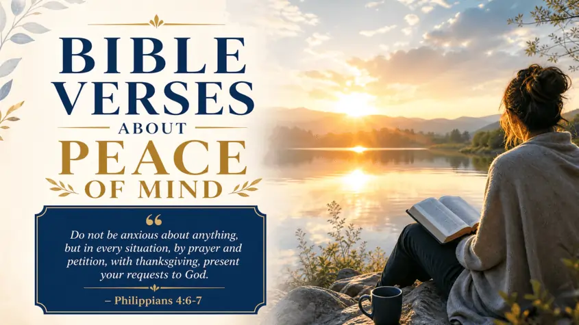 Bible Verses About Peace of Mind KJV featuring an open Bible, wooden cross, peaceful sunrise, and calming blue sky representing God's perfect peace.