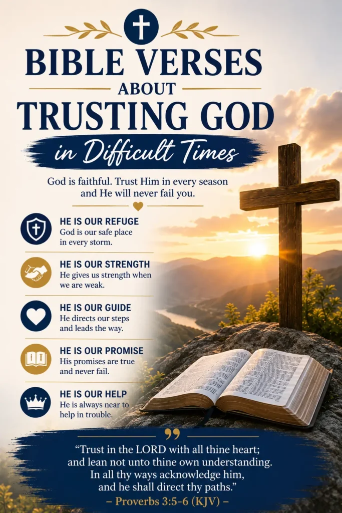 Pinterest image featuring Bible Verses About Trusting God in Difficult Times (KJV) with an open Bible, wooden cross, sunrise, and encouraging Christian Scripture.