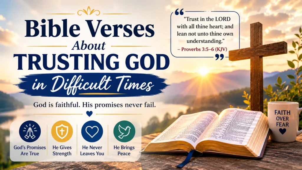 Bible Verses About Trusting God in Difficult Times (KJV) featuring an open Bible, wooden cross, and sunrise representing God's faithfulness and hope.
