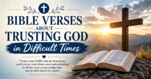Bible Verses About Trusting God in Difficult Times (KJV) featuring an open Bible, wooden cross, and sunrise representing God's faithfulness and hope.