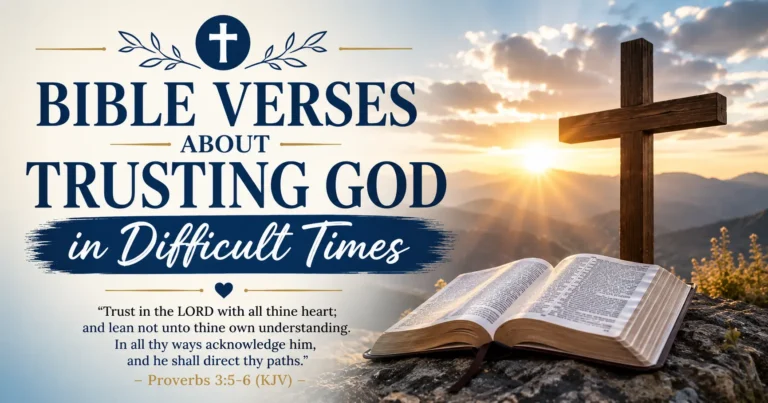 Bible Verses About Trusting God in Difficult Times (KJV) featuring an open Bible, wooden cross, and sunrise representing God's faithfulness and hope.
